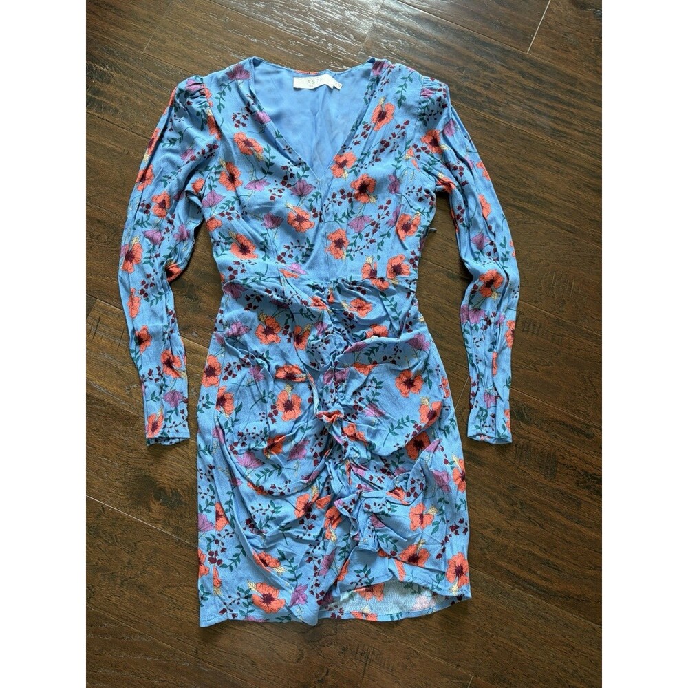 ASTR The Label Womens Blue Floral Long Sleeve Short Mini Dress Size XS